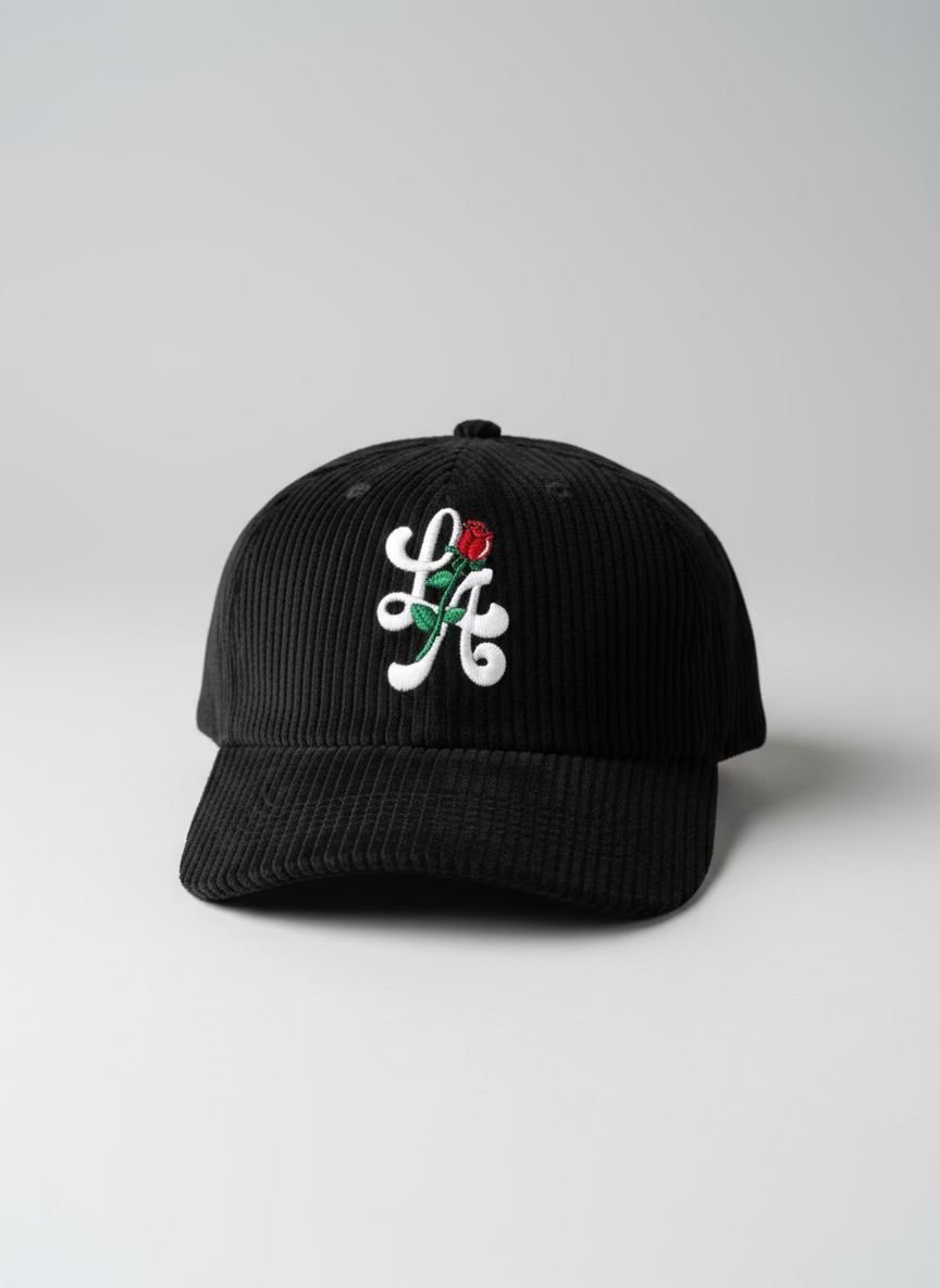 Corduroy Black “LA” Hat (Red Rose)