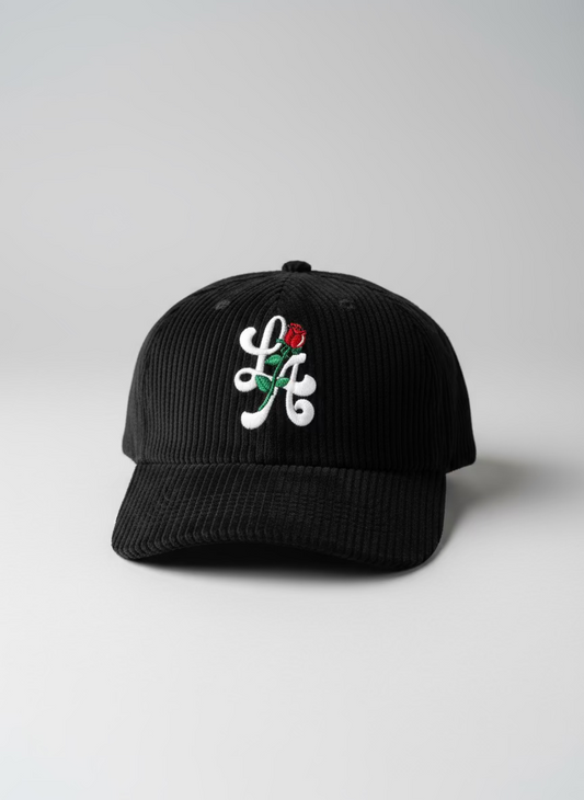 Corduroy Black “LA” Hat (Red Rose)