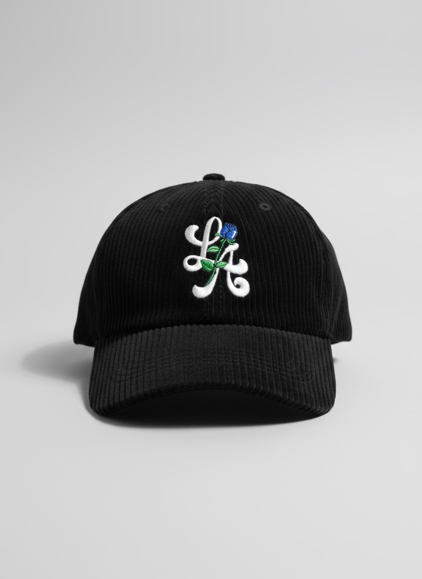 Corduroy Black “LA” Hat (Blue Rose)