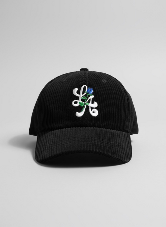 Corduroy Black “LA” Hat (Blue Rose)